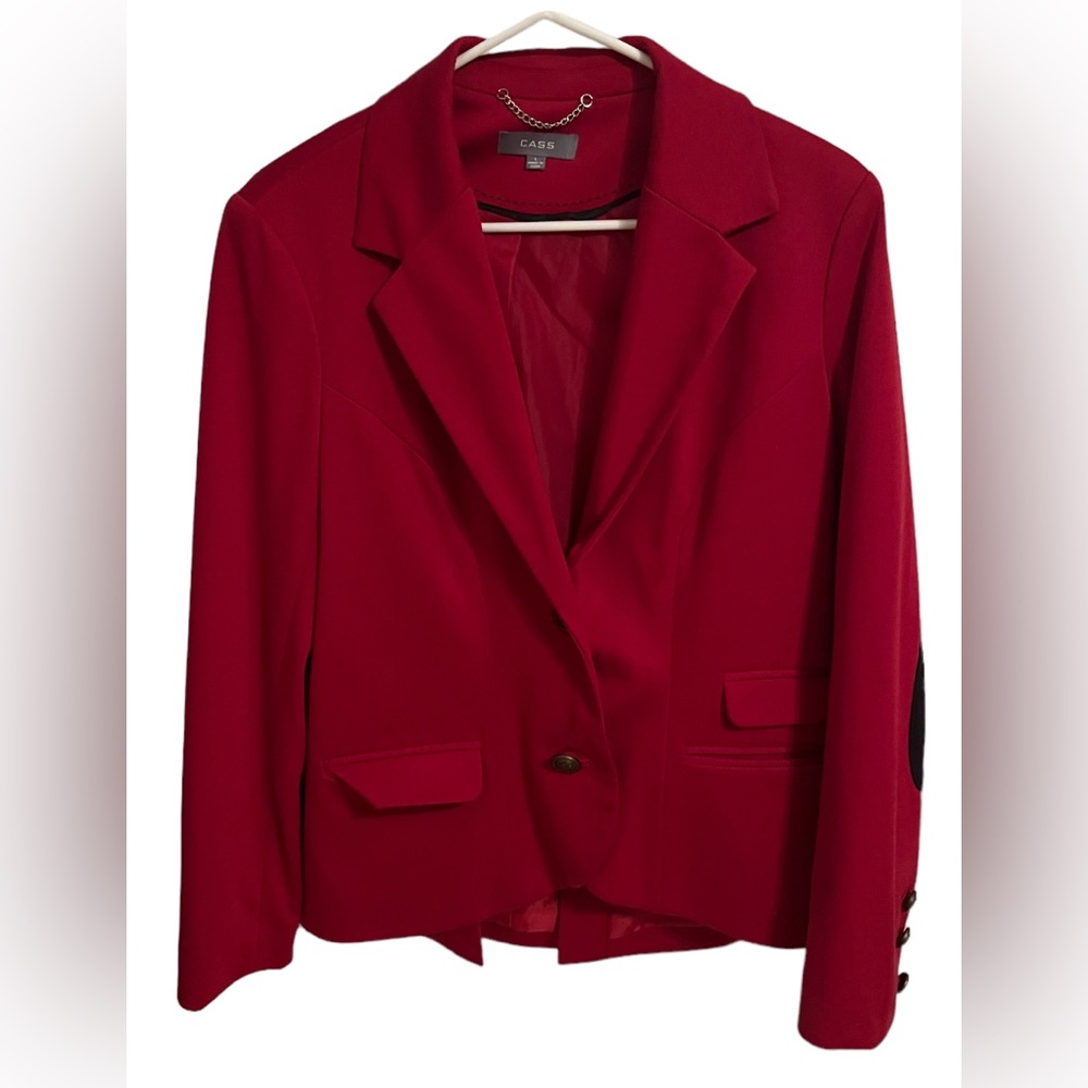 Cass Women’s Red Blazer with Black Suede Elbow Detail si3 Large Minimalist